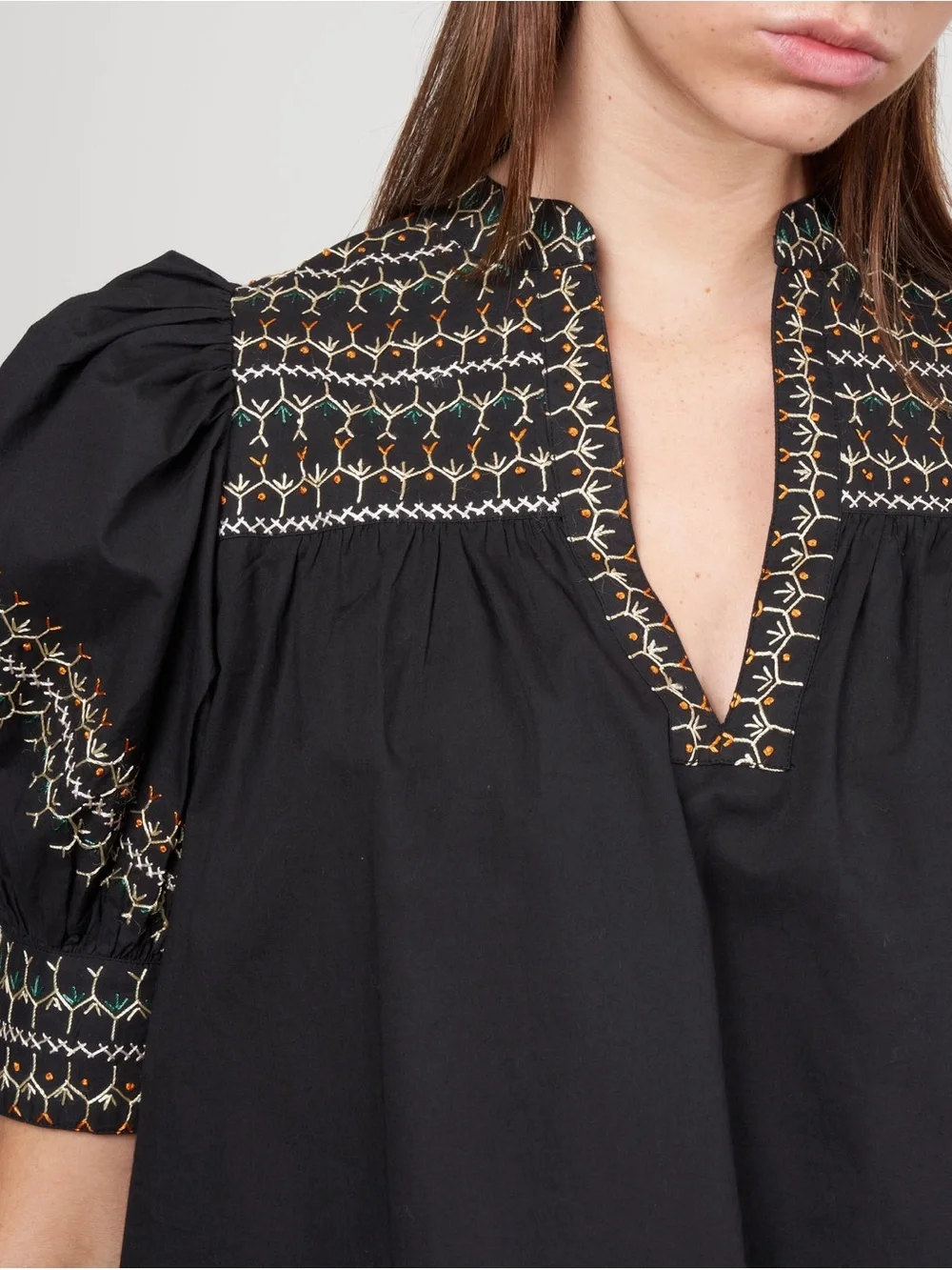 Sz 4 Ulla Johnson Noir Noam Top Black Embroidered Puff-Sleeve 100% Cotton